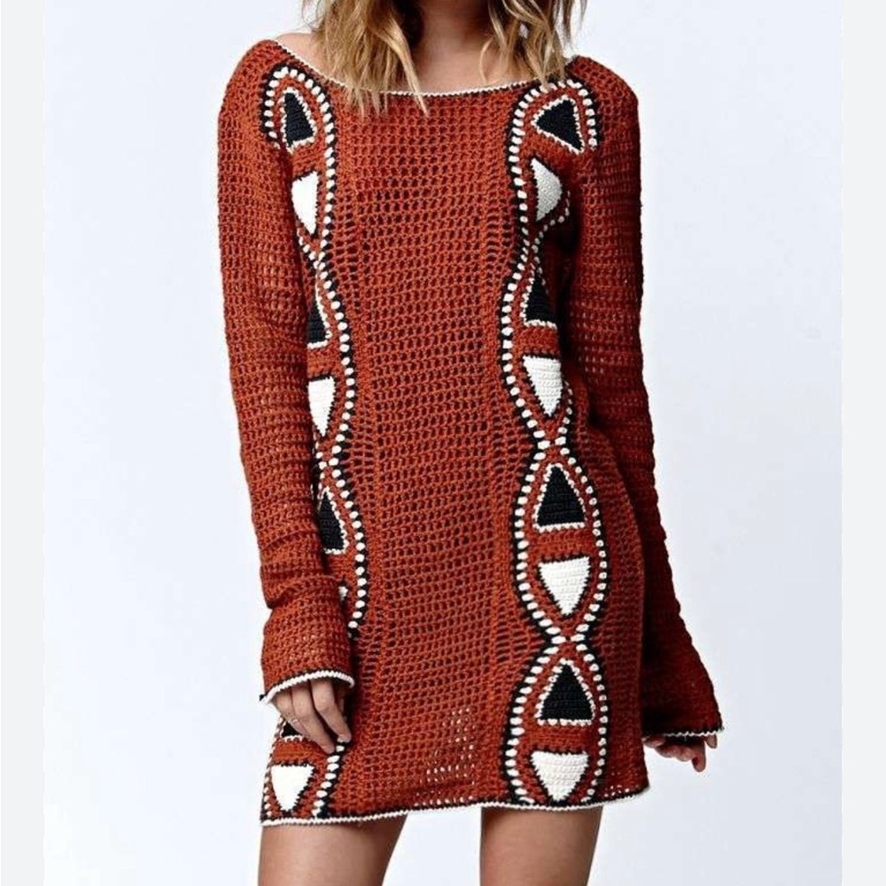 Volcom Copper Geo Crochet Sweater Dress 
Size Medium Boho Rust Tribal Knit